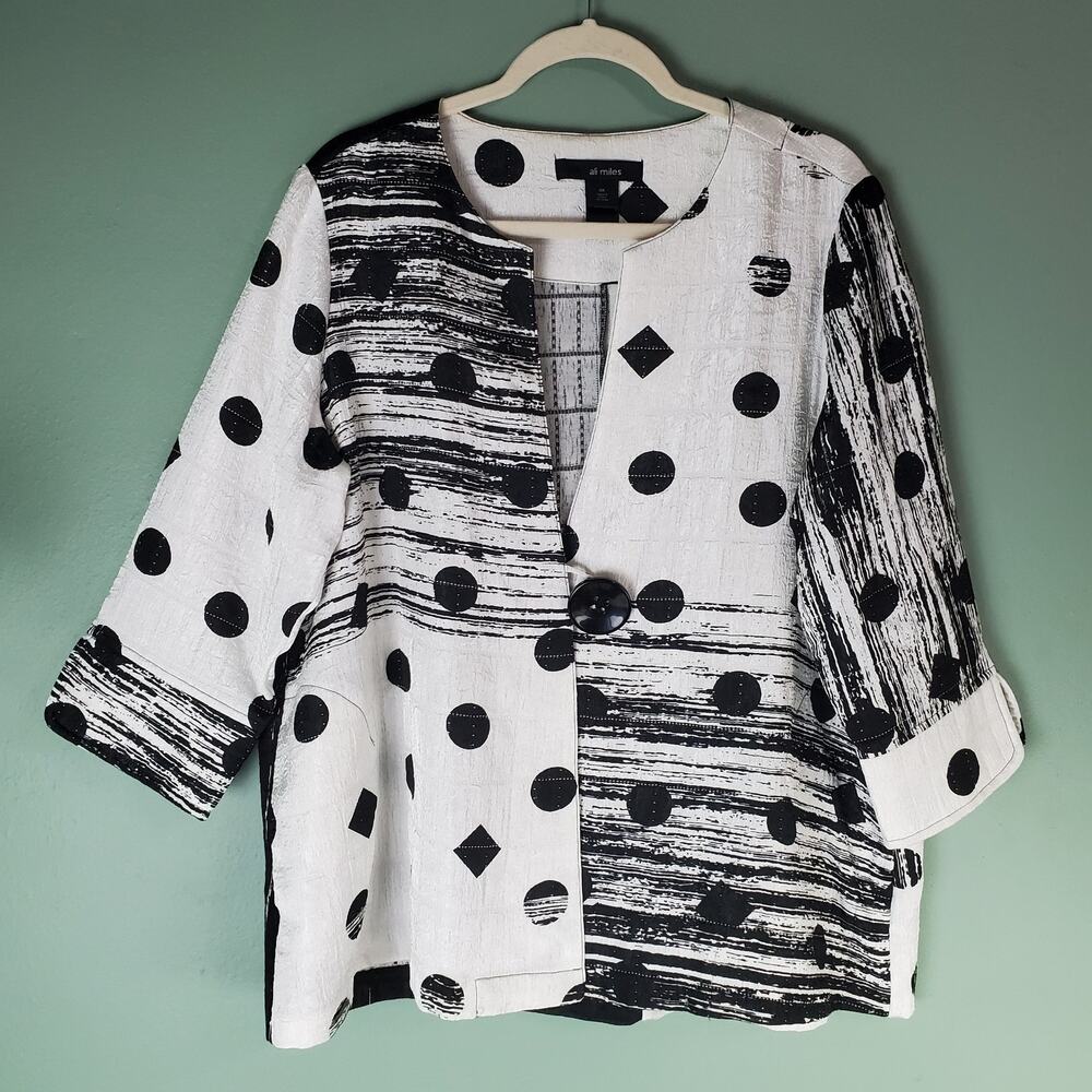 Ali Miles Womens Black White Wearable Art Abstract Dot One Button Topper Size 0X
